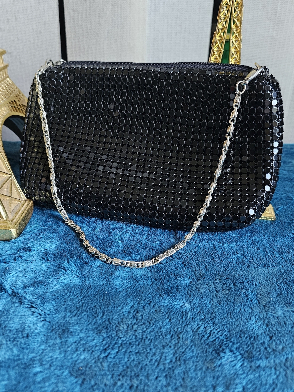 Black Sequin Evening Clutch with Silver Chain